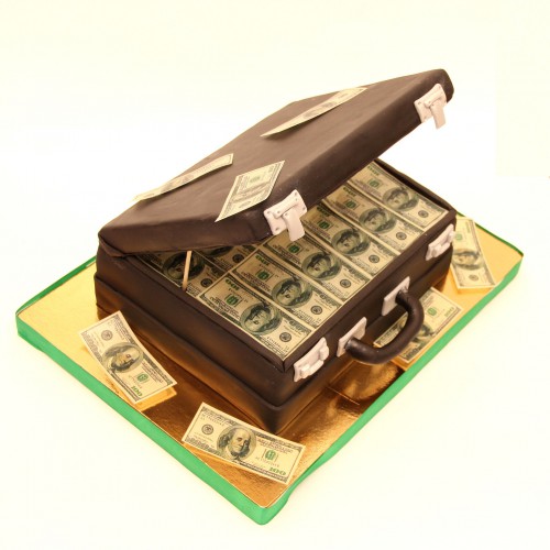 Торт 3D #271 чемодан с долларами, мастика коричневый