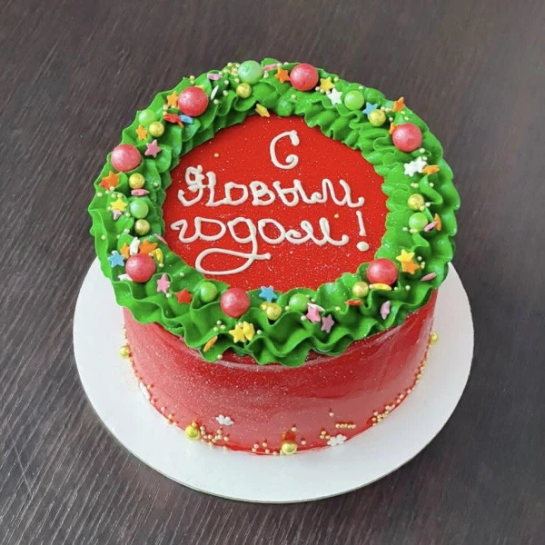 Бенто торт #1472 с надписью и новогодним украшением 700 г, красный