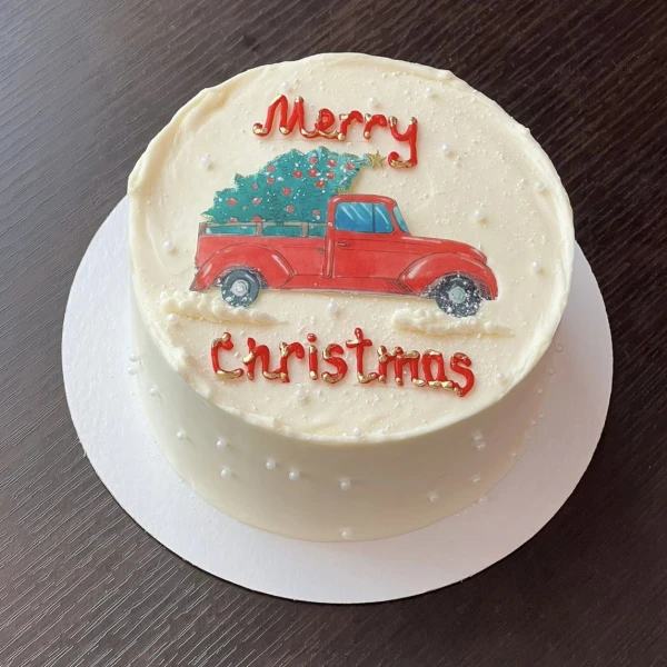 Бенто торт #2008 с надписью и картинкой пикап с елкой 700 г, белый