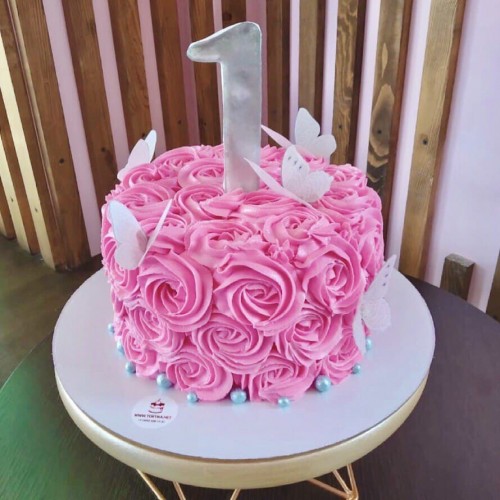 Торт на годик #1260 с цифрой и бабочками, розовый