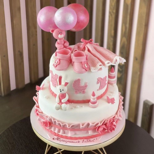 Торт на годик #1297 с фигурками мишка зайка пинетки платье мастика, белый, розовый