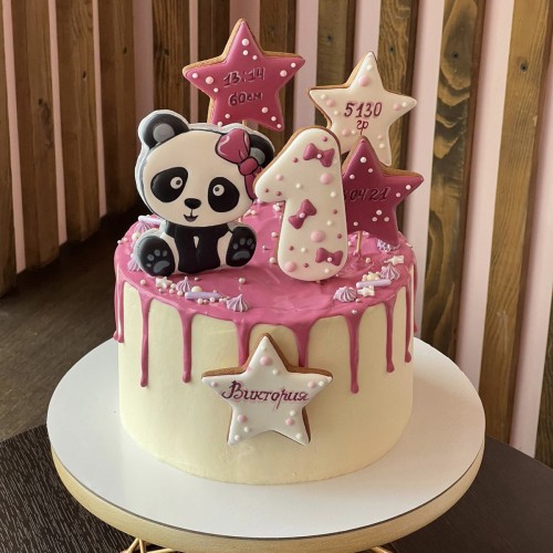 Торт на годик #1632 с пряниками панда цифра звезды, розовый