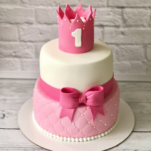 Торт на годик #169 с короной бантиком и бусинами мастика, белый, розовый