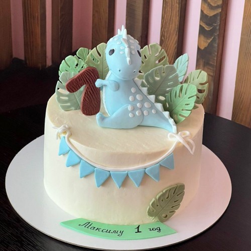 Торт на годик #1880 с фигуркой динозавра, белый