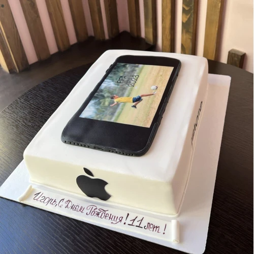 Торт для мальчиков #2011 apple логотип и айфон, мастика белый