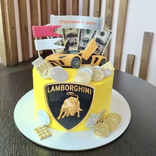 Торт для мальчиков #2142 монеты доллары логотип ламборджини, желтый