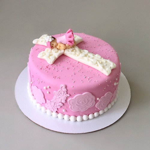Торт на крещение #173 с фигурками младенец крест, розовый