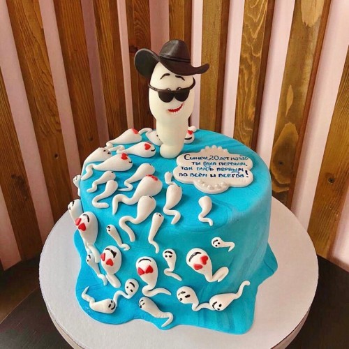Торт для мужчин #1093 с фигуркой сперматозоида мастика, голубой