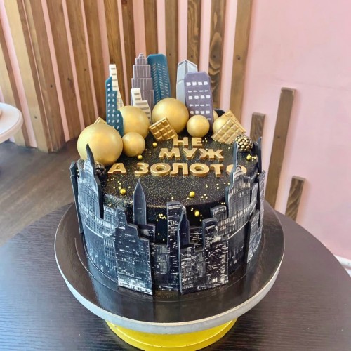 Торт для мужчин #1111 с шоколадными шариками и небоскребами, черный