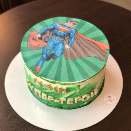 Торт для мужчин #1426 с картинкой супермена, зеленый