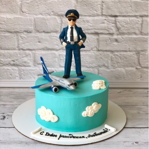 Торт для мужчин #22 с фигуркой самолета и пилота, бирюзовый