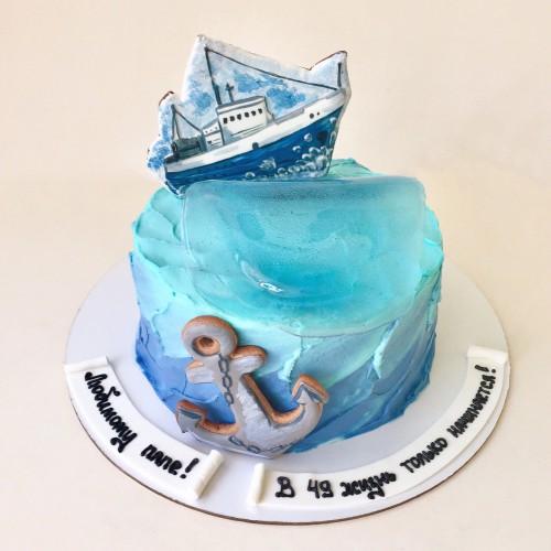 Торт для мужчин #33 с яхтой и якорем в море, голубой