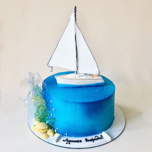 Торт для мужчин #34 с фигуркой яхты, голубой