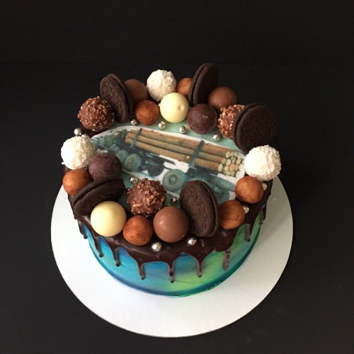 Торт для мужчин #40 с фотопечатью и конфетами, голубой, зеленый
