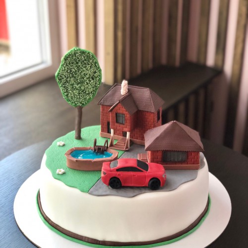 Торт для мужчин #510 с фигурками: дом машина дерево, мастика, белый