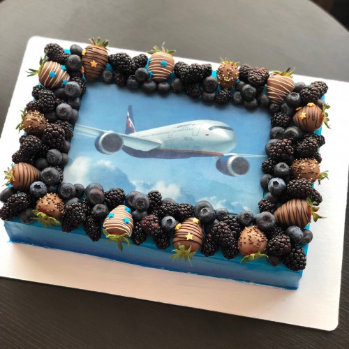 Торт для мужчин #514 с рисунком самолета клубникой в шоколаде и свежими ягодами, голубой