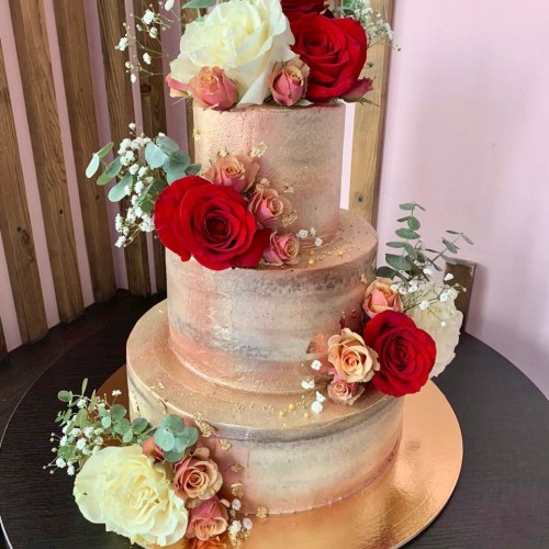 Торт свадебный #1054 с розами, серый мрамор