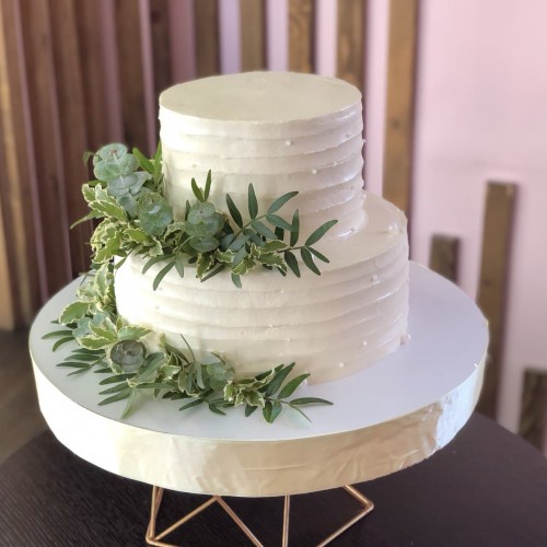 Торт свадебный #1275 с зелеными цветами, белый