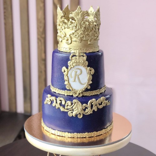 Торт свадебный #1276 с короной мастика, синий, золотой