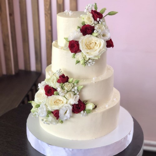 Торт свадебный #1288 с розами, белый