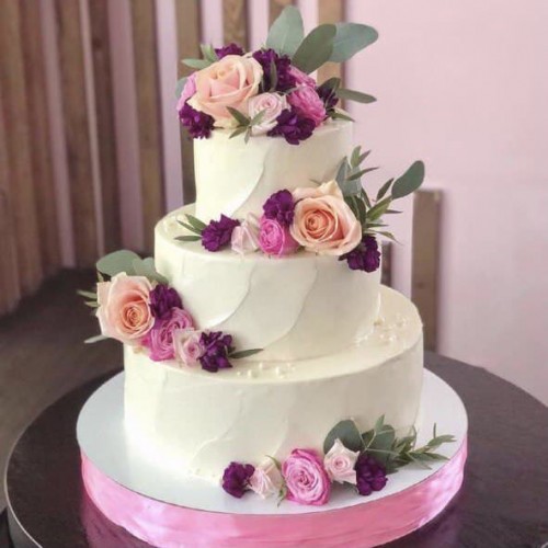 Торт свадебный #1289 с розами, белый