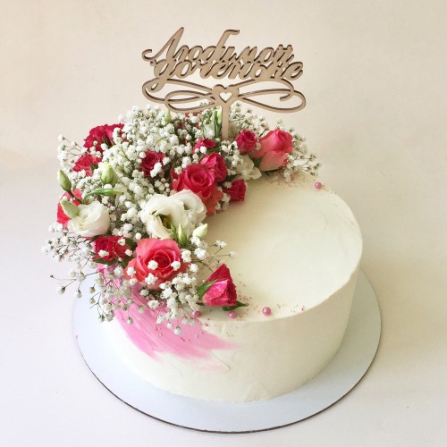 Торт свадебный #135 с розами и топпером, розовый, белый