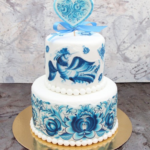 Торт свадебный #149 гжель и бусины, белый, голубой