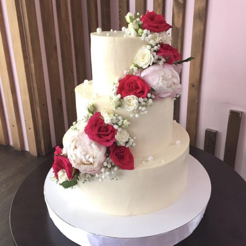 Торт свадебный #1716 с розами и пионами, белый