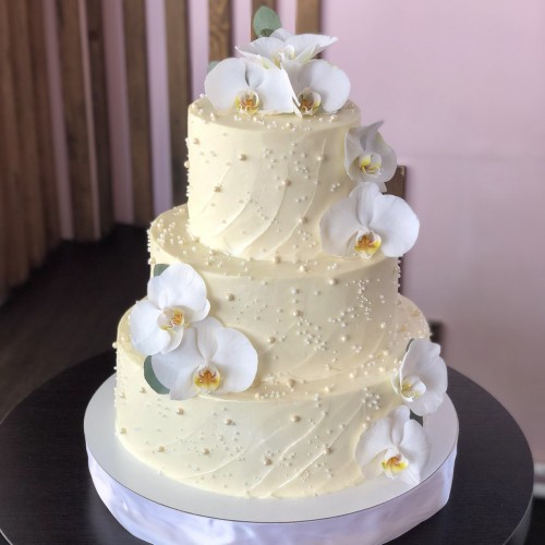 Торт свадебный #1719 с орхидеями и бусинами, белый