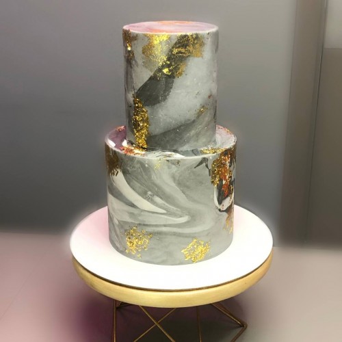 Торт свадебный #2545 мастика с золотом, серый мрамор