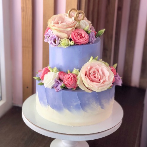 Торт свадебный #730 с розами, голубой, белый