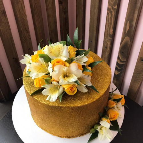 Торт свадебный #914 с розами и лилиями, бронзовый
