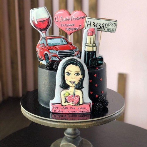 Торт для женщин #1027 с пряниками девушка машина помада сердце, черный