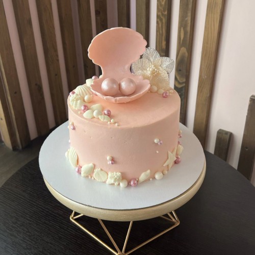 Торт для женщин #2134 с фигуркой ракушки с жемчугом, розовый