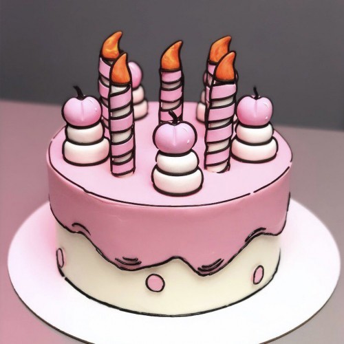 Торт для женщин #2499 с черным контуром и свечами, розовый