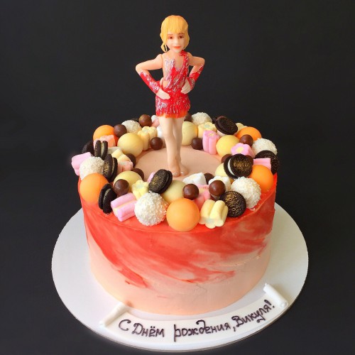 Торт для женщин #96 с конфетками и гимнасткой, розовый