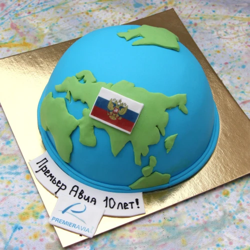 Торт для организации #660 в форме земного шара с логотипом, мастика голубой