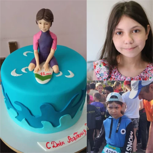 Торт с фигуркой по фото #1437 девочка на сапборде, мастика голубой