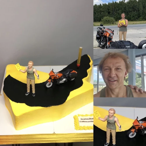 Торт с фигуркой по фото #2659 байкер на дороге с мотоциклом, желтый черный